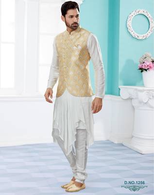 Gold colour heavy banarasi jacquard jacket kurta pajama set with fancy buttons. 1