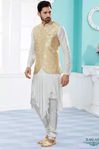 Gold colour heavy banarasi jacquard jacket kurta pajama set with fancy buttons.