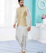 Gold colour heavy banarasi jacquard jacket kurta pajama set with fancy buttons.