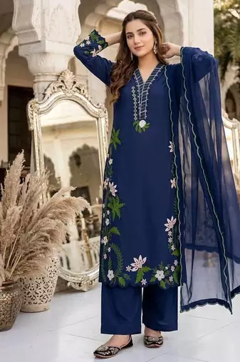 Blue heavy roman silk party wear embroidery suit set