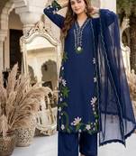 Blue heavy roman silk party wear embroidery suit set