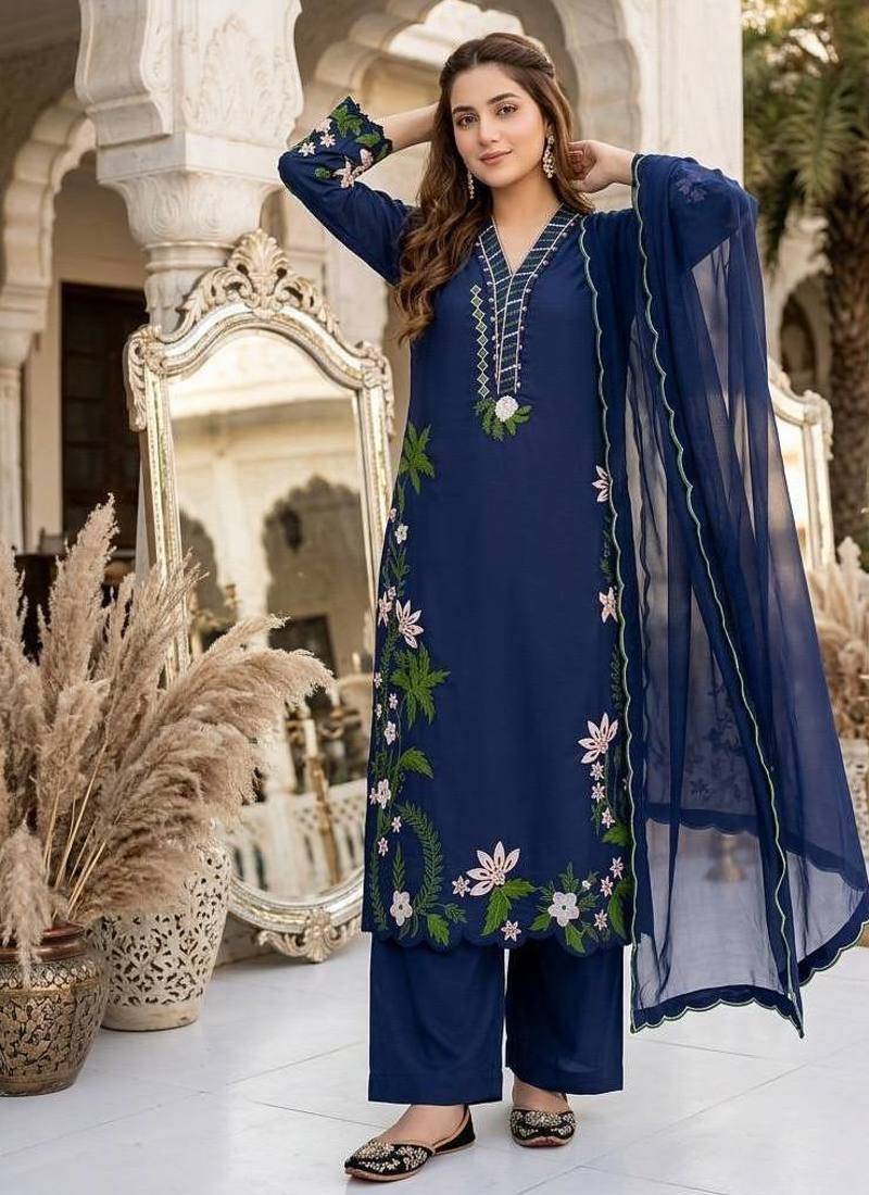 Blue heavy roman silk party wear embroidery suit set