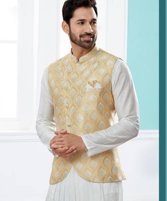 Gold colour heavy banarasi jacquard jacket kurta pajama set with fancy buttons. 2