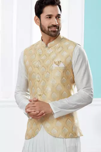 Gold colour heavy banarasi jacquard jacket kurta pajama set with fancy buttons.