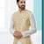 Gold colour heavy banarasi jacquard jacket kurta pajama set with fancy buttons.