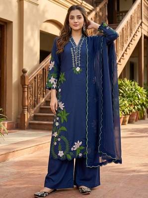 Blue heavy roman silk party wear embroidery suit set 2