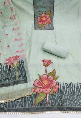 women's sea green unstitched pure banarasi cotton dress material & woven dupatta 2