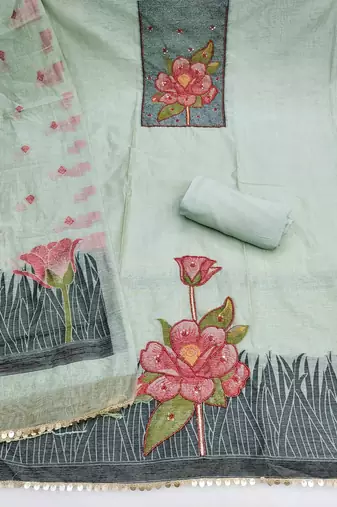women's sea green unstitched pure banarasi cotton dress material & woven dupatta