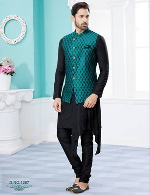 Sea green colour heavy banarasi jacquard jacket kurta pajama set with fancy buttons. 1