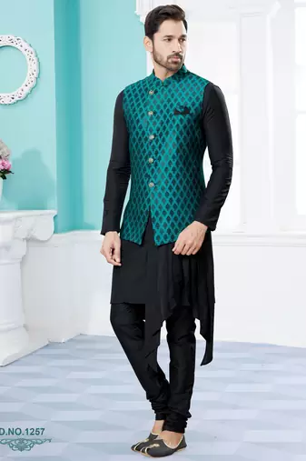 Sea green colour heavy banarasi jacquard jacket kurta pajama set with fancy buttons.