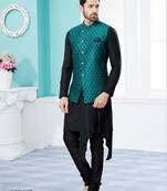Sea green colour heavy banarasi jacquard jacket kurta pajama set with fancy buttons.