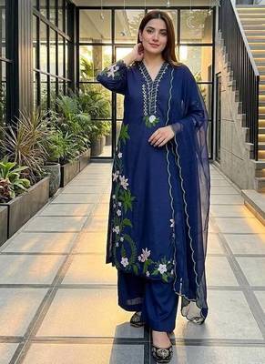 Blue heavy roman silk party wear embroidery suit set 3