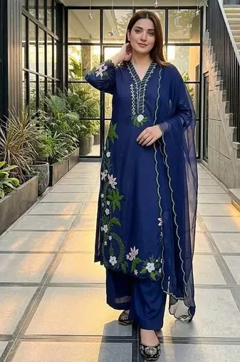 Blue heavy roman silk party wear embroidery suit set