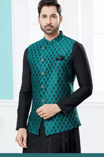 Sea green colour heavy banarasi jacquard jacket kurta pajama set with fancy buttons.