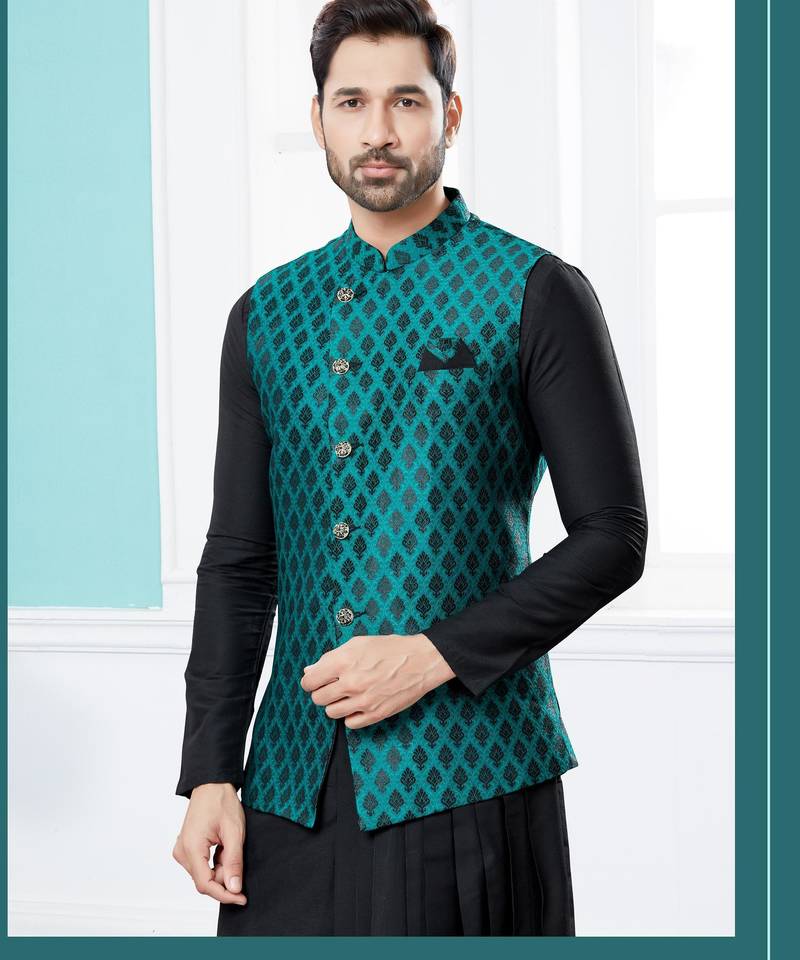 Sea green colour heavy banarasi jacquard jacket kurta pajama set with fancy buttons.
