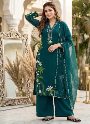 Green heavy roman silk party wear embroidery suit set 1
