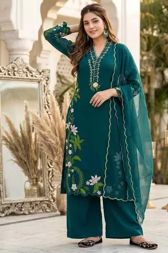 Green heavy roman silk party wear embroidery suit set