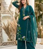 Green heavy roman silk party wear embroidery suit set