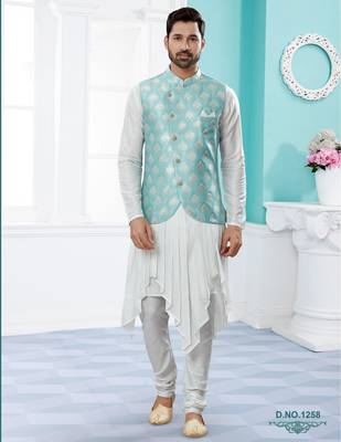 Sky blue heavy banarasi jacquard jacket kurta pajama set with fancy buttons. 1