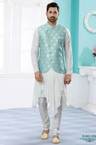Sky blue heavy banarasi jacquard jacket kurta pajama set with fancy buttons.