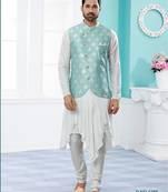 Sky blue heavy banarasi jacquard jacket kurta pajama set with fancy buttons.