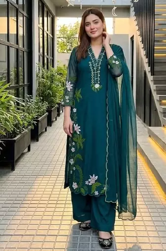 Green heavy roman silk party wear embroidery suit set