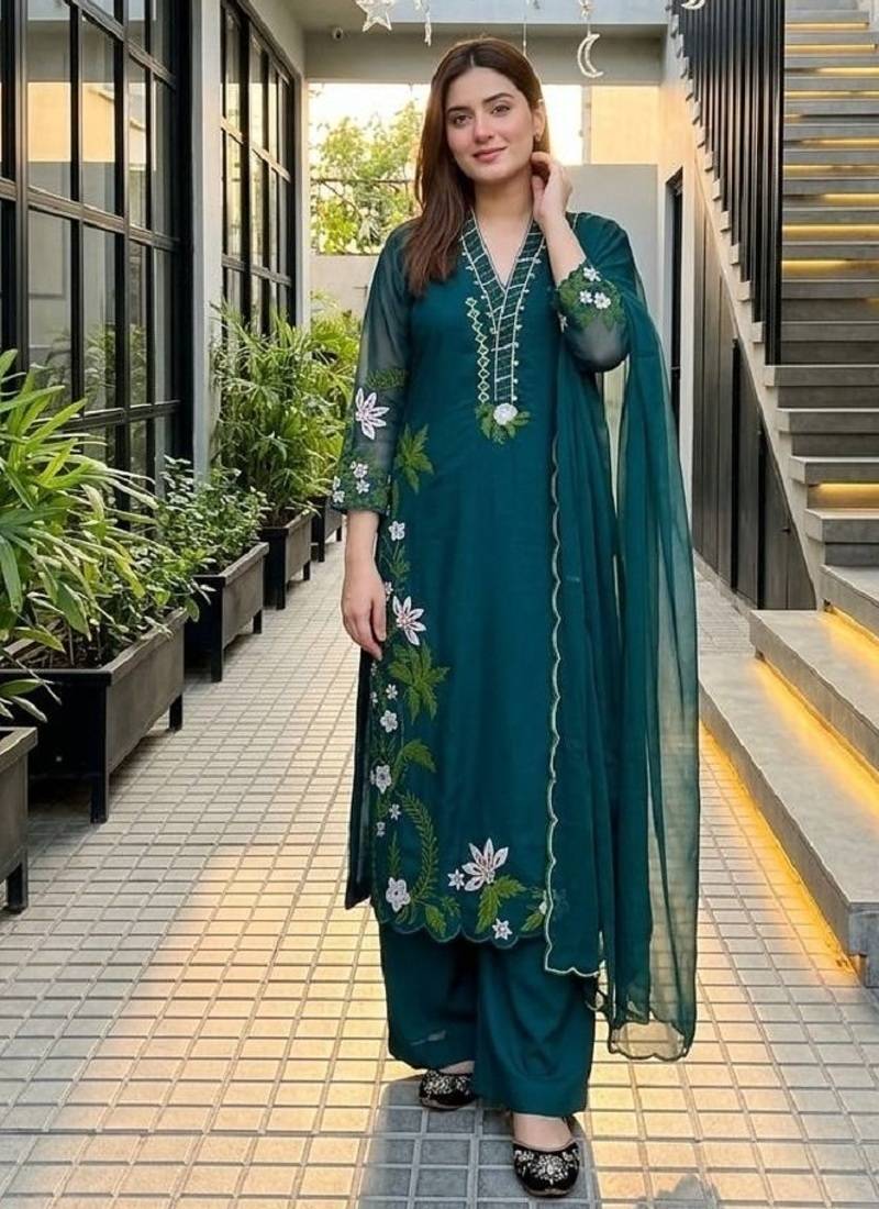 Green heavy roman silk party wear embroidery suit set