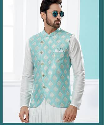 Sky blue heavy banarasi jacquard jacket kurta pajama set with fancy buttons. 2