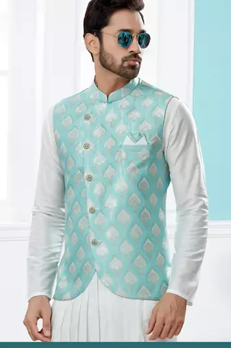 Sky blue heavy banarasi jacquard jacket kurta pajama set with fancy buttons.