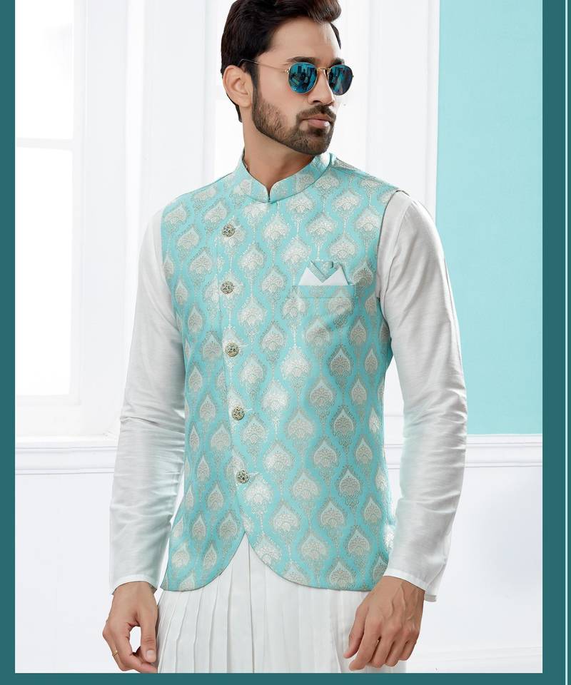Sky blue heavy banarasi jacquard jacket kurta pajama set with fancy buttons.