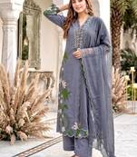 Grey heavy roman silk party wear embroidery suit set