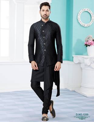 Black heavy banarasi jacquard jacket kurta pajama set with fancy buttons. 1