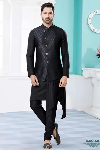 Black heavy banarasi jacquard jacket kurta pajama set with fancy buttons.