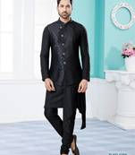 Black heavy banarasi jacquard jacket kurta pajama set with fancy buttons.