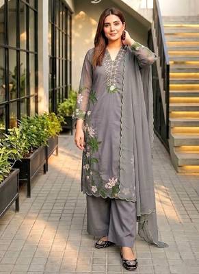 Grey heavy roman silk party wear embroidery suit set 3