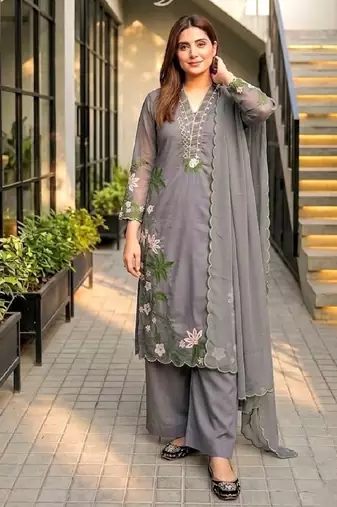 Grey heavy roman silk party wear embroidery suit set