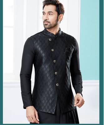 Black heavy banarasi jacquard jacket kurta pajama set with fancy buttons. 2