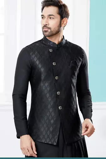 Black heavy banarasi jacquard jacket kurta pajama set with fancy buttons.