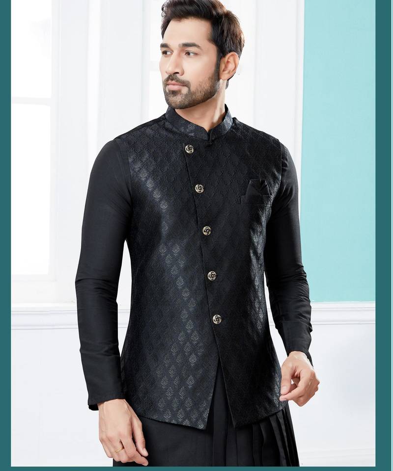 Black heavy banarasi jacquard jacket kurta pajama set with fancy buttons.