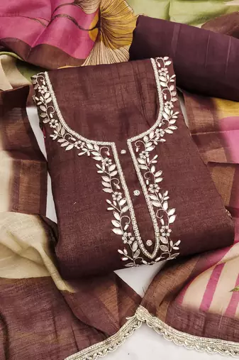 women's multi unstitched cotton linen simmer dress material with printed dupatta