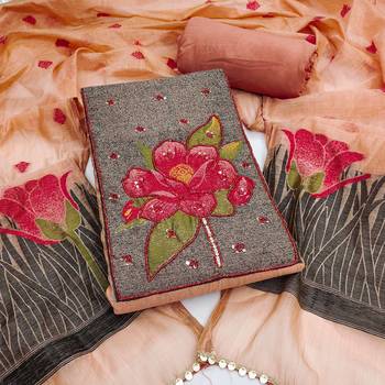women's peach unstitched pure banarasi cotton dress material with woven dupatta 1
