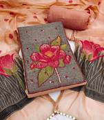 women's peach unstitched pure banarasi cotton dress material with woven dupatta
