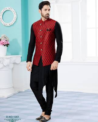 Maroon heavy banarasi jacquard jacket kurta pajama set with fancy buttons. 1