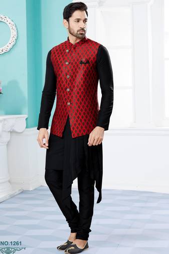 Maroon heavy banarasi jacquard jacket kurta pajama set with fancy buttons.