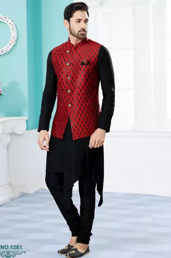 Maroon heavy banarasi jacquard jacket kurta pajama set with fancy buttons.