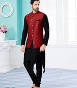 Maroon heavy banarasi jacquard jacket kurta pajama set with fancy buttons.