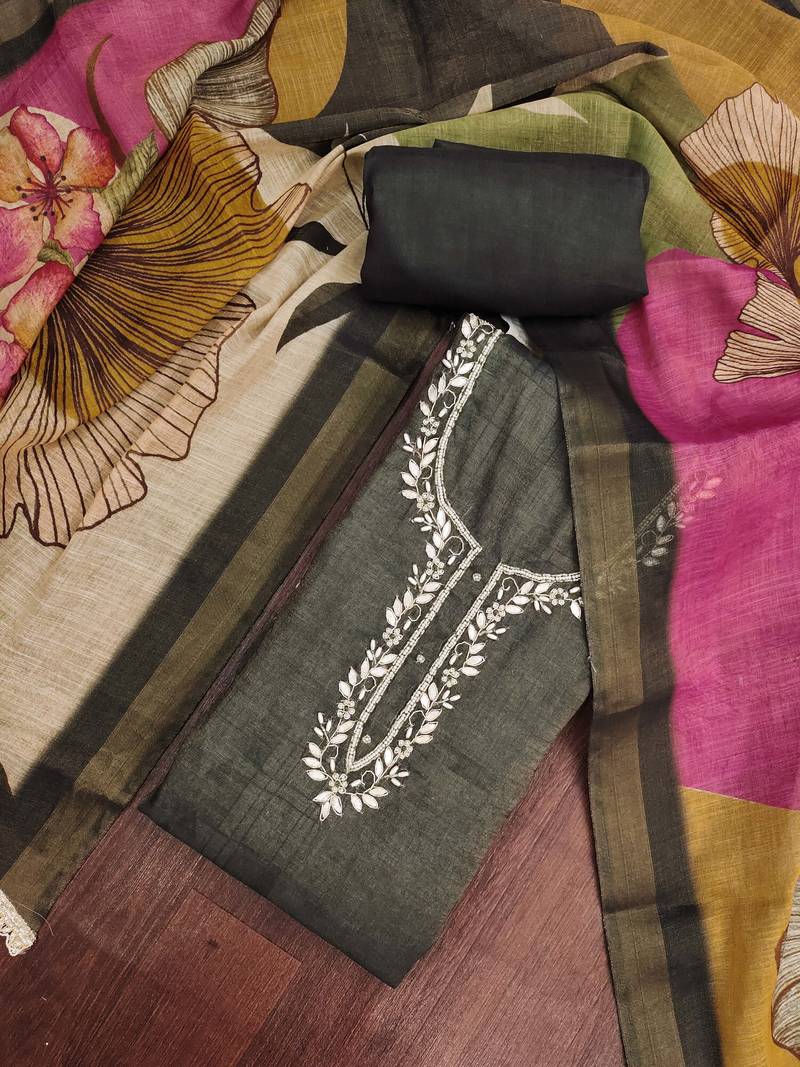 women's multi unstitched cotton linen simmer dress material with printed dupatta