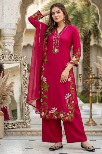 Red heavy roman silk party wear embroidery suit set