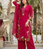Red heavy roman silk party wear embroidery suit set