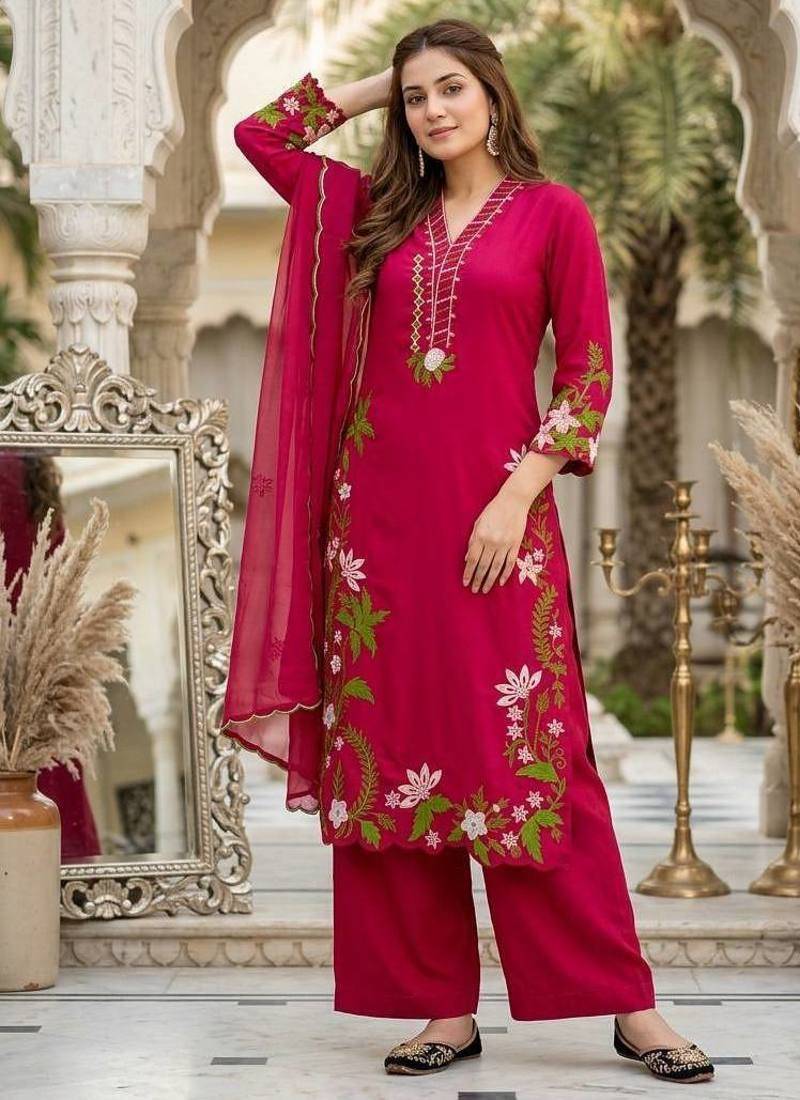 Red heavy roman silk party wear embroidery suit set